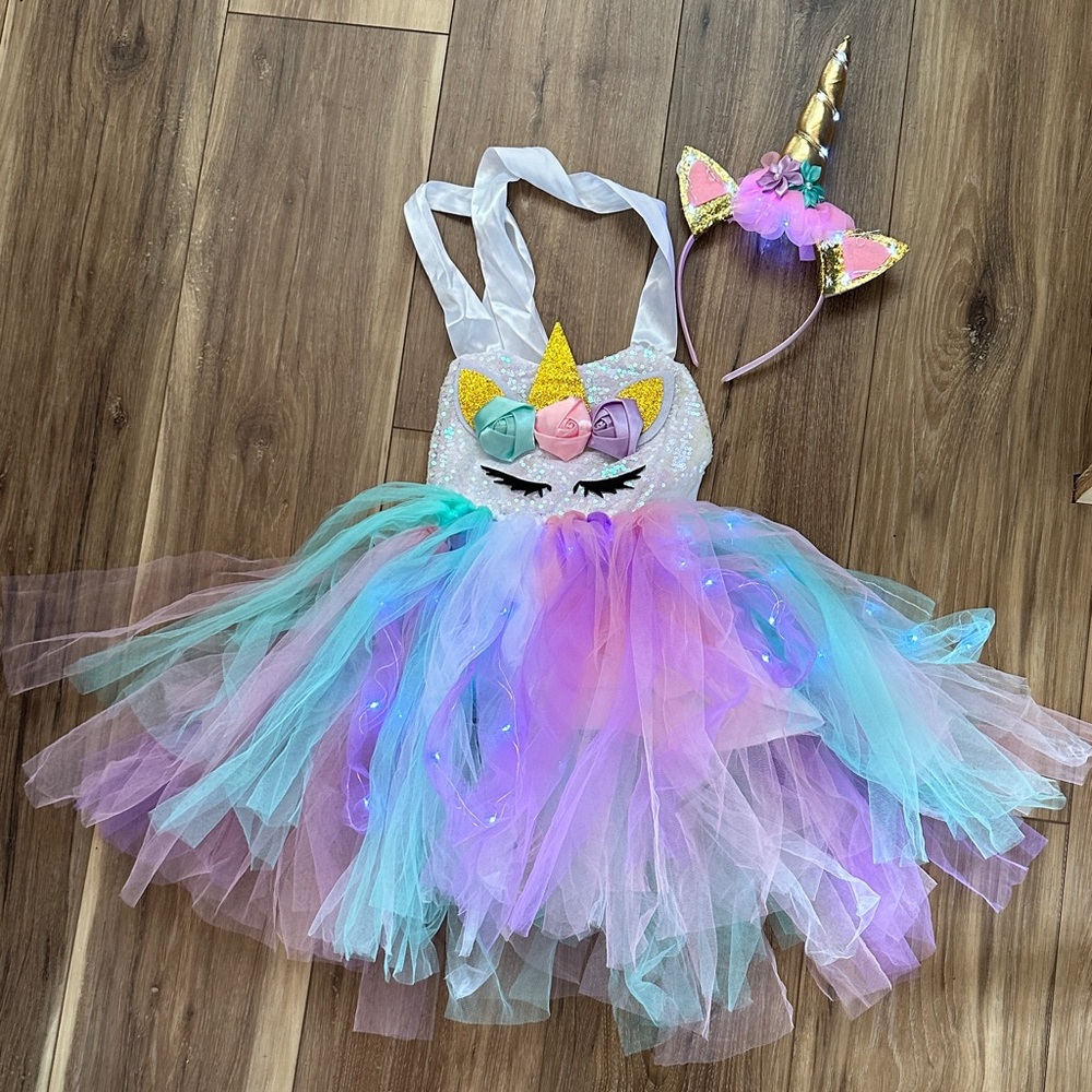 Unicorn Tutu Dress with Headband - Multicolor